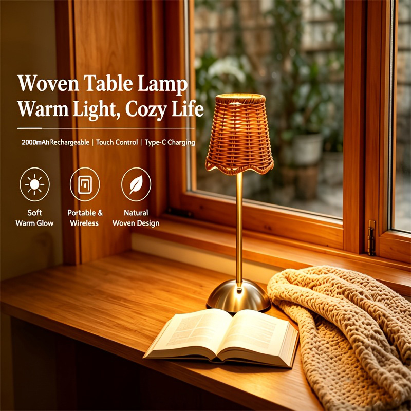 Lighting Decoration For Home - โคมไฟตั้งโต๊ะสไตล์โบฮีเมียนทำจากหวายถัก ปรับแสงได้ 3 ระดับ ควบคุมด้วยระบบสัมผัส ใช้พอร์ต