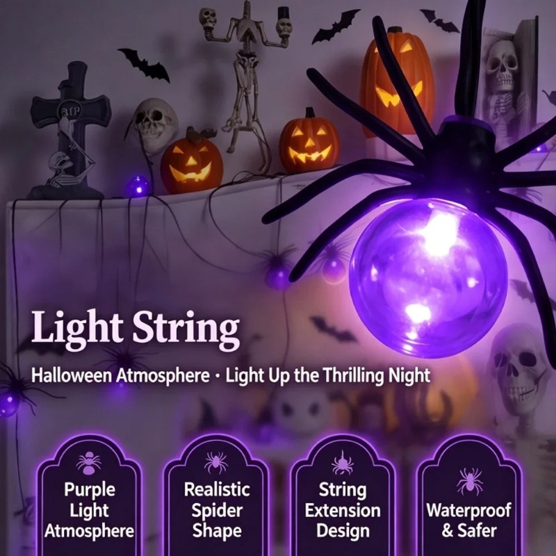 String Light Outdoor - ไฟสาย LED รูปแมงมุมใช้พลังงานจากแบตเตอรี่ สำหรับตกแต่งกลางแจ้งในวันฮาโลวีน งานปาร์ตี้ในสวนหรือสนามหญ้า