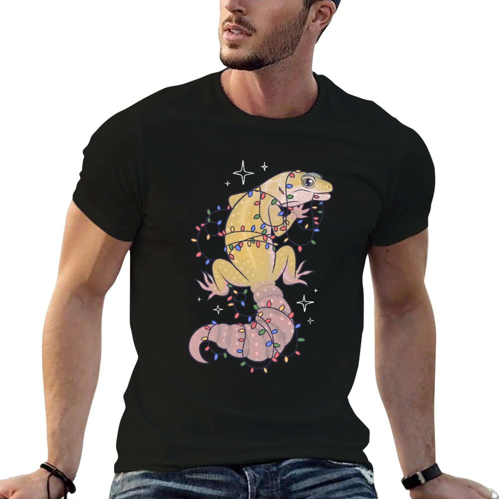 Gecko Lighting & Decor - เสื้อยืดลายกิ้งก่าเสือดาวและไฟประดับวันหยุด เสื้อยืดคอกลมสีพื้นเรียบง่าย